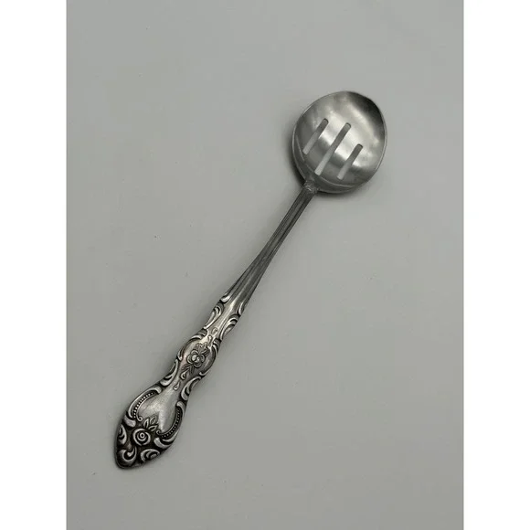 Stainless Steel Deluxe Slotted Serving Spoon Floral Rose Scroll Silverware