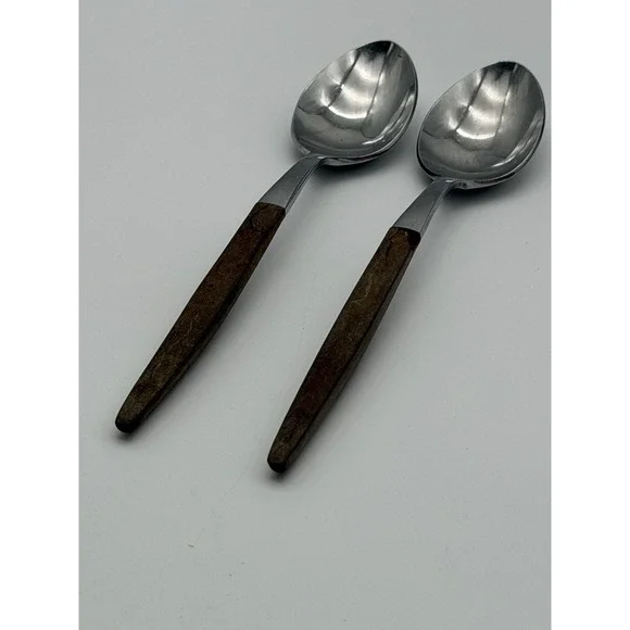 Pyramid Stainless Japan Faux Wood Handle Spoons Set of 2 Mid-Century Modern MCM