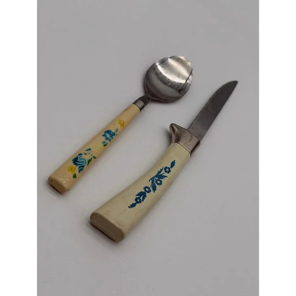 Vintage Stainless Taiwan Floral Flatware Spoon and Knife Set Cream Blue Yellow
