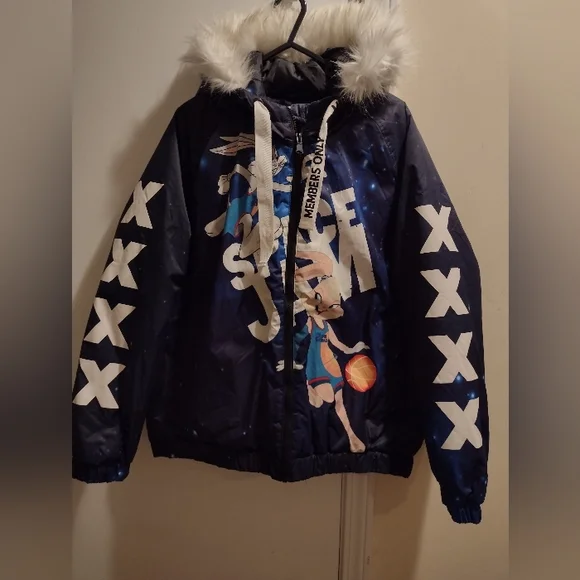 Members Only Looney Tunes Space Jam Blue Bomber Size L Faux Fur Hooded Coat