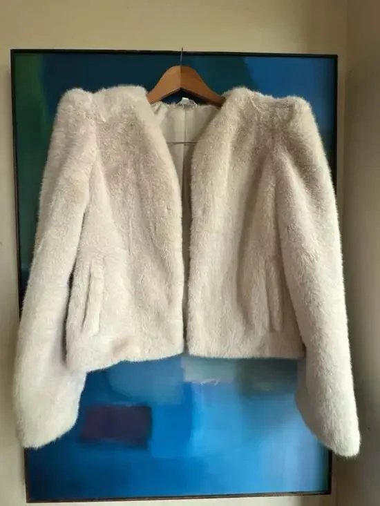 H&M Cream Faux Fur Hook-and-Eye Collarless Crop Jacket