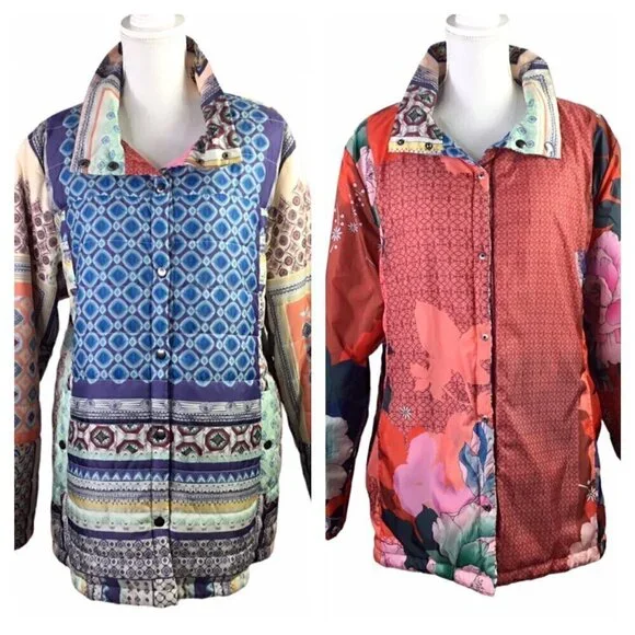 Johnny Was Garron Reversible Jacket Women's Size XL Quilted Snap Travel Packable