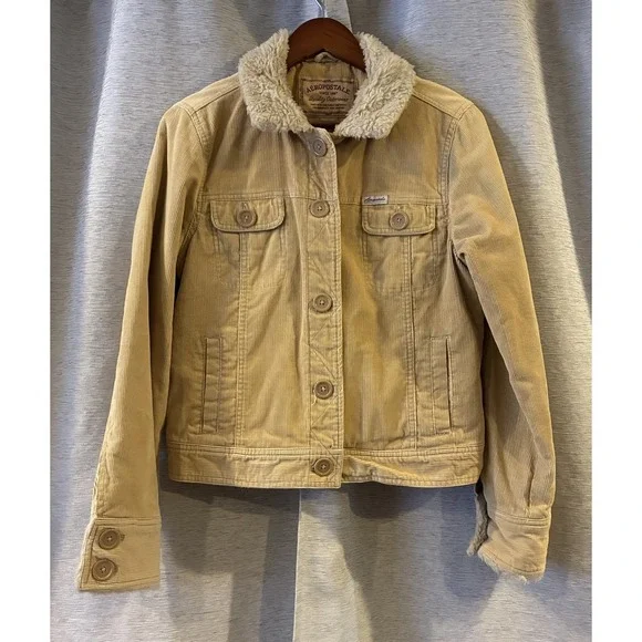 Aeropostale Womens Beige Full Zip Jacket Coat  Size Large With Faux Fur Trim‎