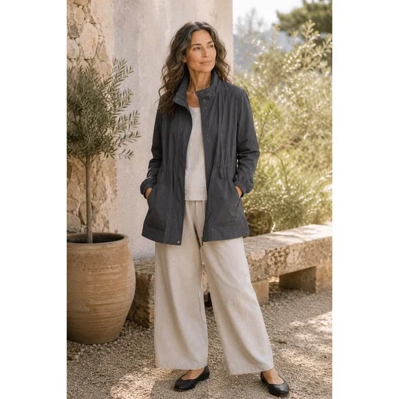 Eileen Fisher Field Jacket Women M Charcoal Grey Funnel Neck Utility Lightweight