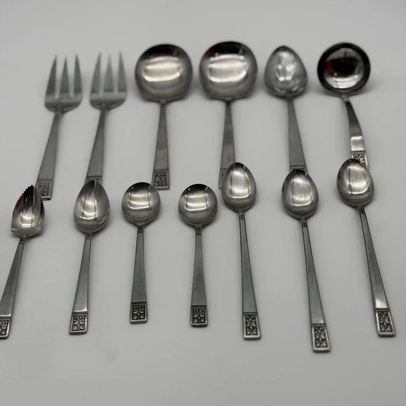 Vintage Japan Stainless Ornate Scroll Flatware & Serving Utensil Lot 13 Pieces