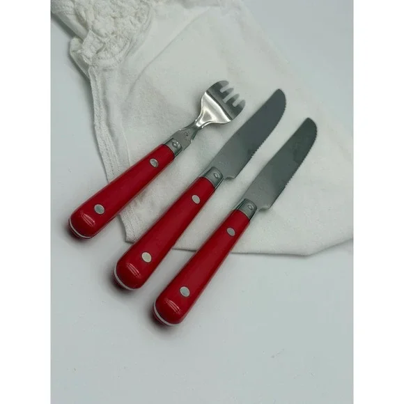 Lifetime Stainless Korea Red Riveted Handle Flatware Set 1 Fork 2 Knives Bistro