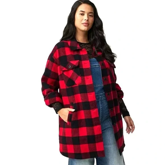 NEW Torrid Brushed Twill Buffalo Plaid Shacket Women's‎ 3X Red Long Line Landman