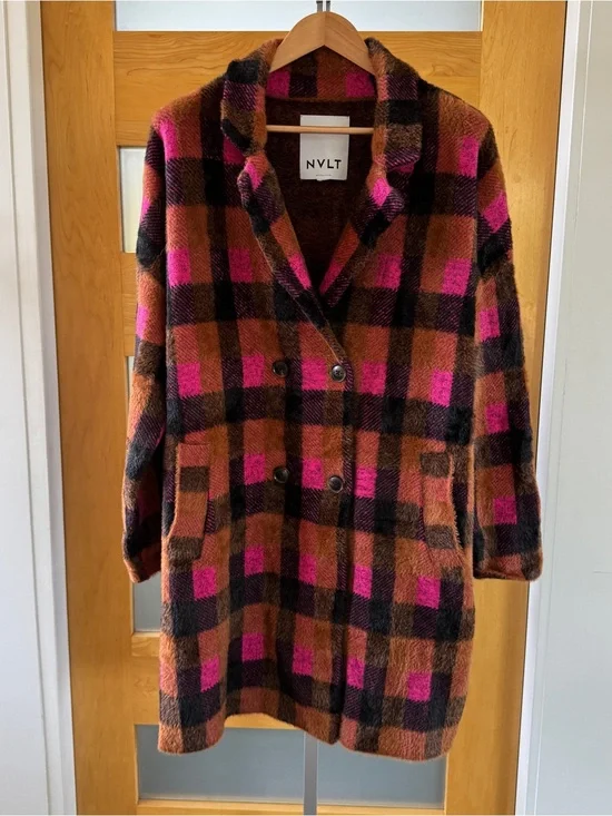 NVLT Pink and Brown Plaid Double-Breasted Pea Coat