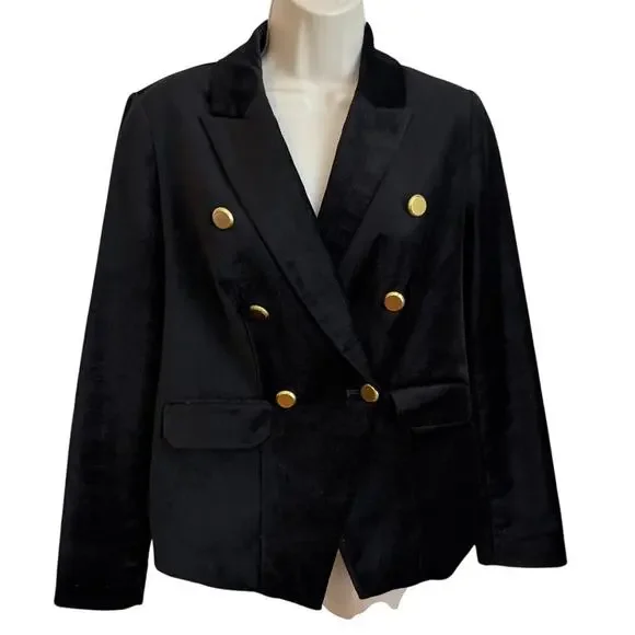 Chico's Black Velvet Blazer Gold Button Size 4 Military Academia Preppy Office