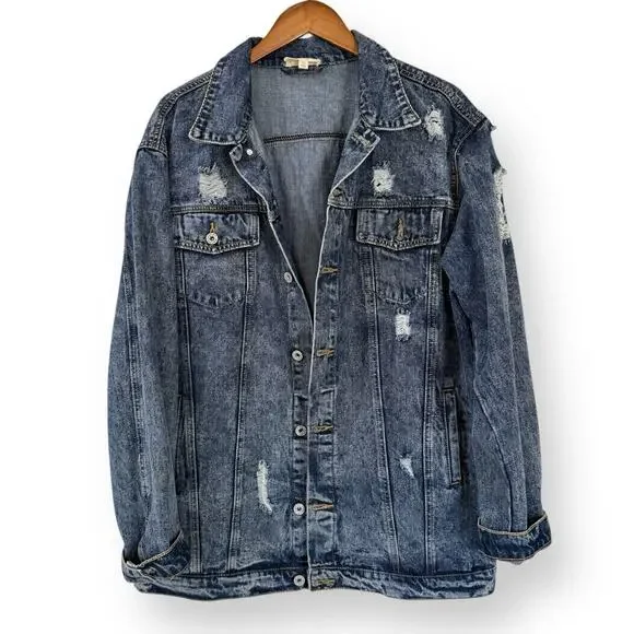 Umgee Womens Denim Jacket XL Distressed Blue Jean Trucker Button Front Cotton