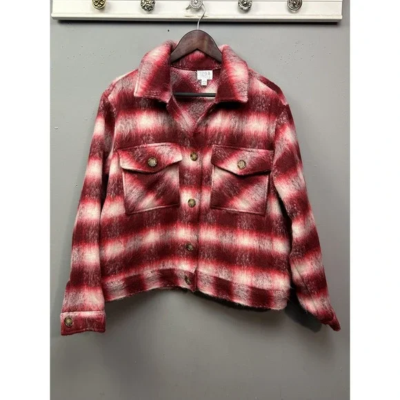 Time and Tru Jacket Womens Large Red White Plaid Button Up‎ Wool Blend Shacket