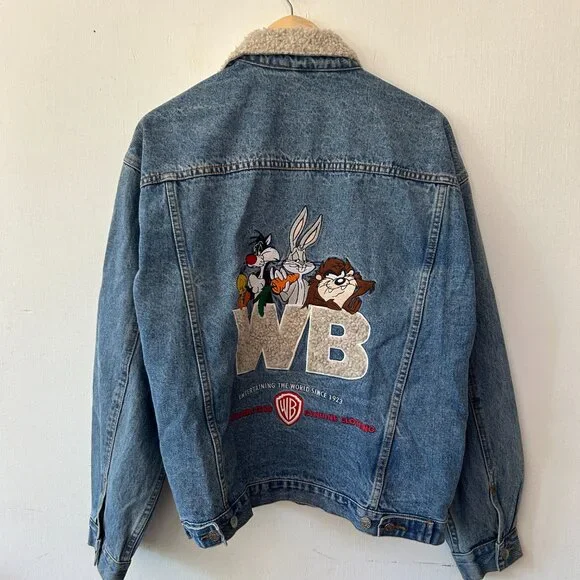 90s Looney Tunes Denim Jacket Large Sherpa Collar Embroidered VTG Warner Bros