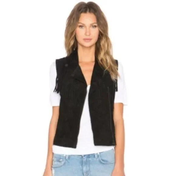 Sanctuary Womens Vest Black M 100% Genuine Leather Suede Fringe  Full Zip Moto