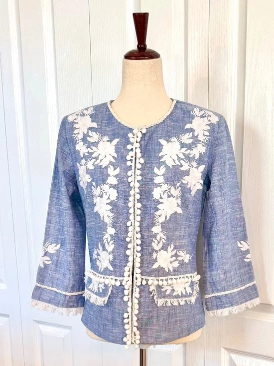 Women's Size S Cotton Jacket by Indigo Moon Embroidered, Pom-Poms, Pearl Beads