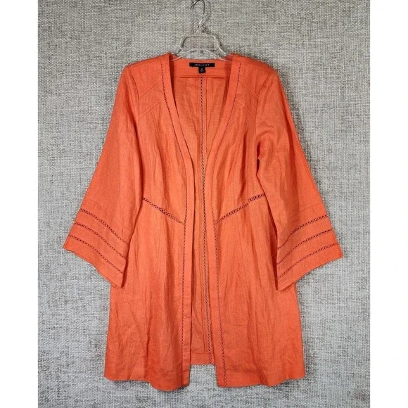 Insight Linen Longline‎ Open Front Jacket Womens 14 Orange Artsy Fitted VTG
