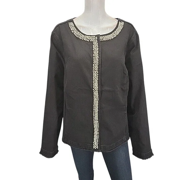 Susan Graver Womens Trendy Snap Front Jacket with Pearl Trim 3X Plus Size Black