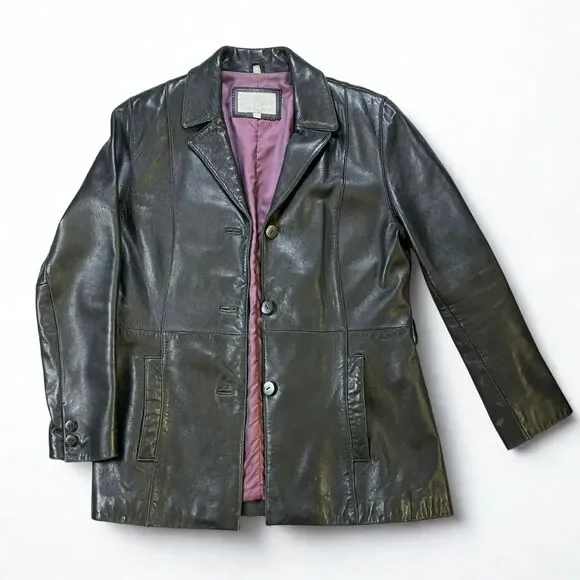 Juliet Michelle Leather Jacket Womens Large Black Y2K Vintage Button Front Coat