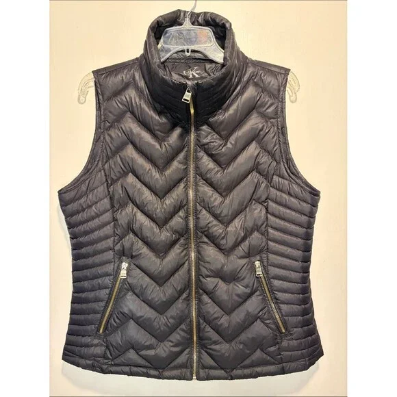 Calvin Klein Black Down Feather Quilted Puffer Vest Full Zip Gold Hardware XL