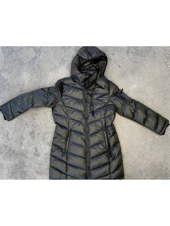 Andrew Marc XL Packable Lightweight Premium 650 Down Hooded Long Coat Metallic