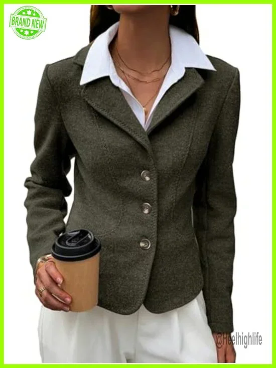 Cropped Tweed Blazer - Notch Lapel Fitted Work Blazer Full Lined