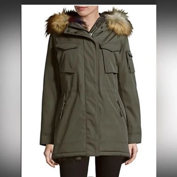 S-13 Women’s Olive Green Parka Coat with Faux Fur Trim