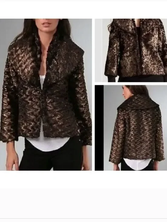 Alice + Olivia Stacey Bendet‎ Brown Copper Faux Fur Coat Jacket Medium Statement