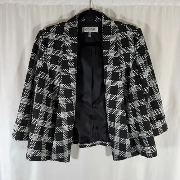 Kasper Blazer Womens 12P White Black Plaid Pocketless Knit Open Front 3/4 Sleeve
