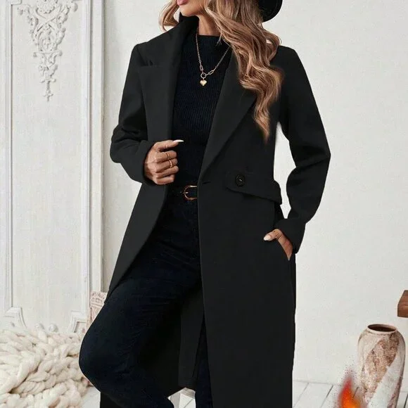 Black Casual Women's Flat Collar Pocket Belted Long Sleeve Coat Jacket