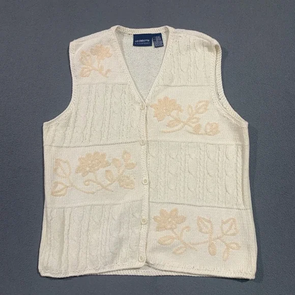 Vintage Cottagecore Women's Large Cream Knit Floral‎ Embroidered Vest *