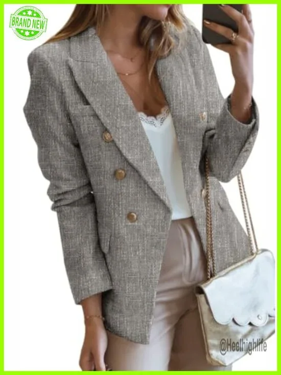 Tweed Blazer with Pockets, Double-Breasted Open-Front, Metal-Button Cuff Long