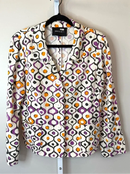 Lafayette 148 New York White Geometric Print Button-Front Jacket