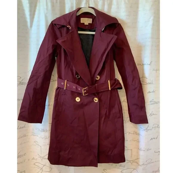 Michael Kors Womens Trench Coat Small Burgundy Belted Jacket Gold Hardware