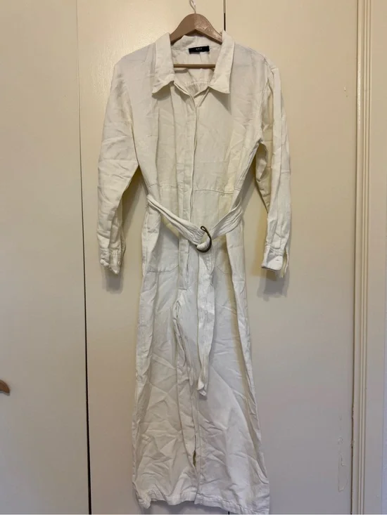 Able White Long Belted Trench Coat with Ring Detail