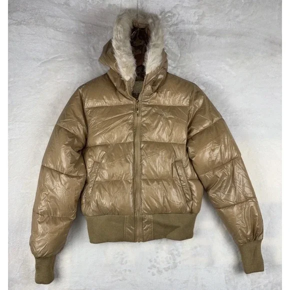 Vintage Southpole Womens M Down Bomber Tan Faux Fur Hooded Y2K Puffer Jacket 90s