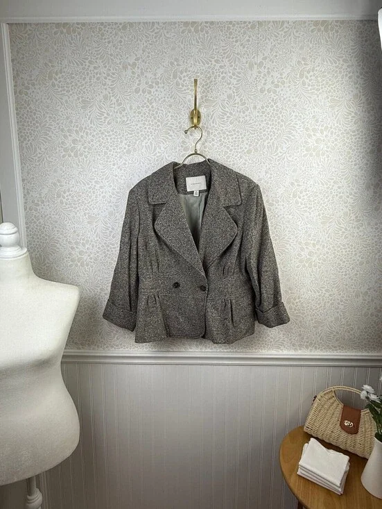 Allegory Women's Brown Pleated Cropped Wool Blend Tweed Blazer  - Size - 18