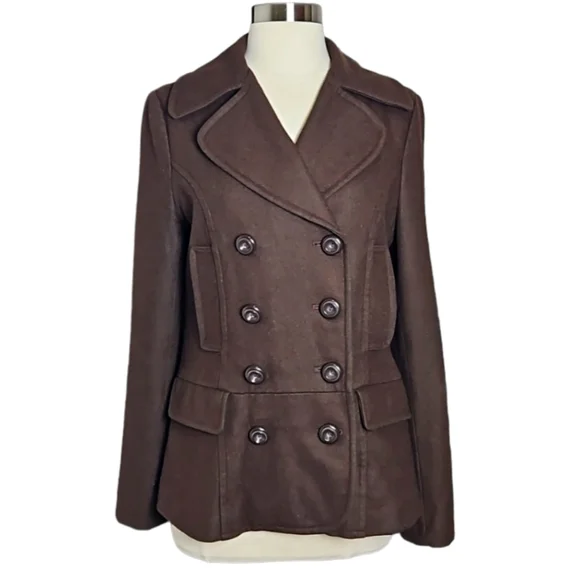 Tulle Wool Double Breasted Pea Coat Brown