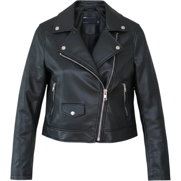 ASOS DESIGN Faux Leather Biker Jacket Womens 2 Petite Black Excellent Moto Zip