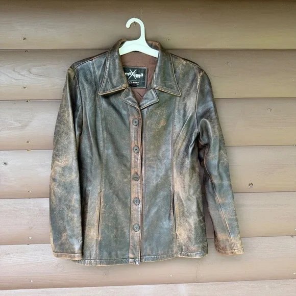 Wilsons Leather Maxima Jacket Womens Large Brown Distressed Button Up Coat