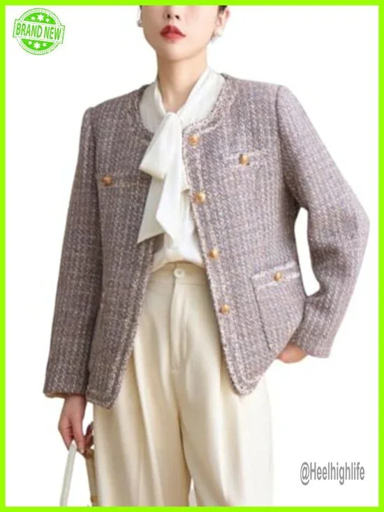 Women's Collarless Tweed Blazer Jacket Button Down Fringed Trim Office Work