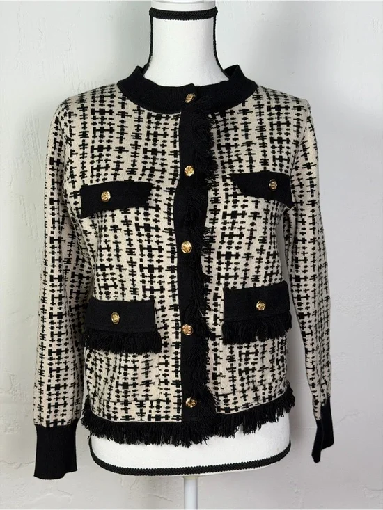 Luxury Black & Cream Tweed-Style Fringe Knit Cardigan with Hold Buttons- Perfect