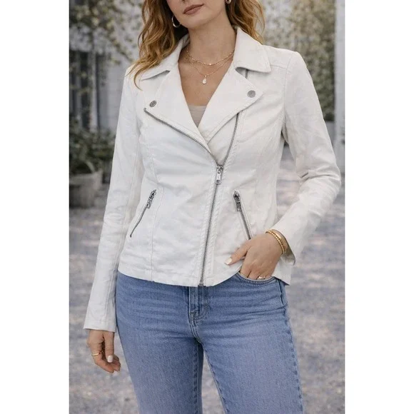 Level 99‎ Womens White Linen Blend Moto Jacket Quilted Shoulder XS