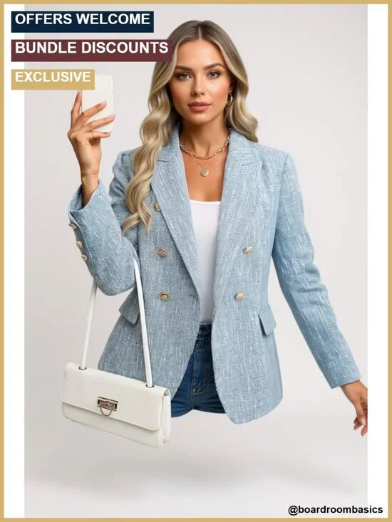 Tweed Blazer Double Breasted Business Casual Work Suit Jacket