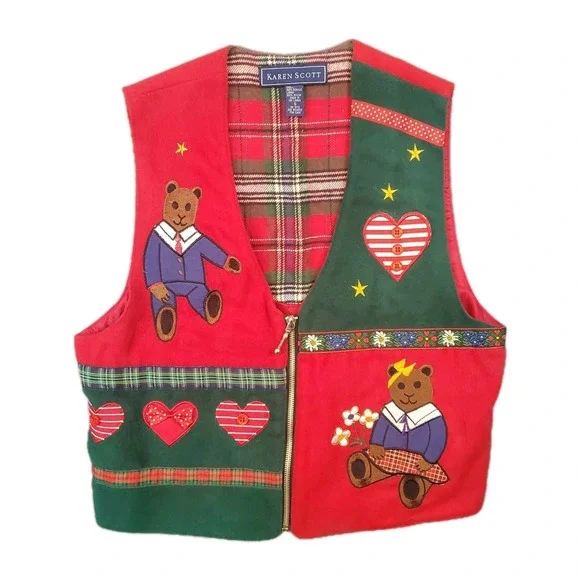 Karen Scott Christmas Holiday Vest Teddy‎ Bears & Hearts Size S Lightweight Zip