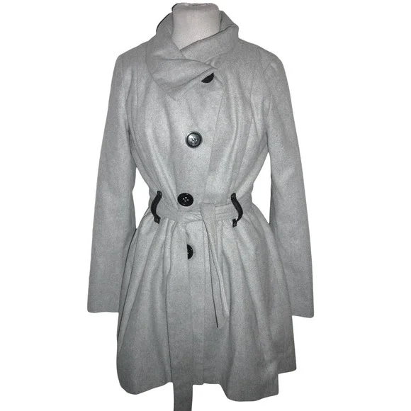 Gray Wool Blend Fit & Flare Belted Peacoat Funnel Neck‎ Long Sleeve Jacket