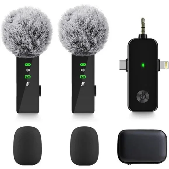 Wireless Lavalier Microphone,3 in 1 Mini Wireless Microphone w/ Noise Reduction