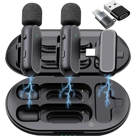 2 Pack Professional Wireless Lavalier Microphone with Adapter, Clip on Lapel Mic