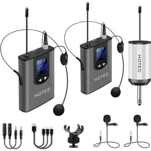 Wireless w/ Dual Headset Microphones/Lavalier Lapel Mics & Bodypack Transmitter