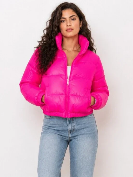 ZIAI Hot Pink Cropped Puffer Jacket Glossy Bubble Coat NWOT