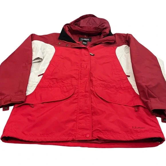 LL Bean Parka Jacket Womens L Red Colorblock Hooded Nylon Outdoor 0WV87