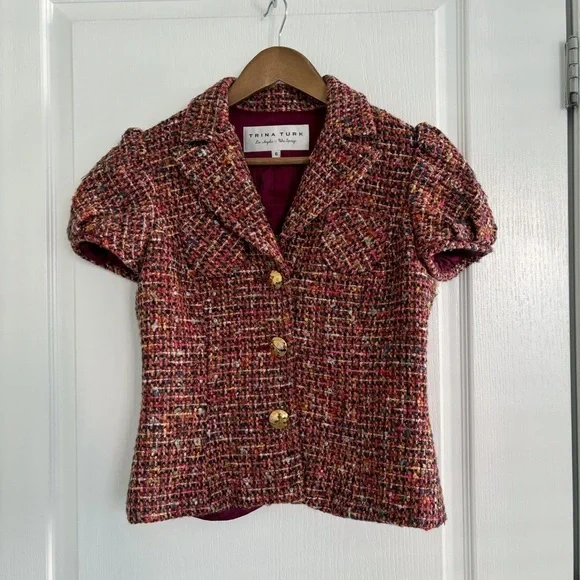 Trina Turk Mohair Wool Tweed Cropped Puff Shoulder Jacket Sz 6